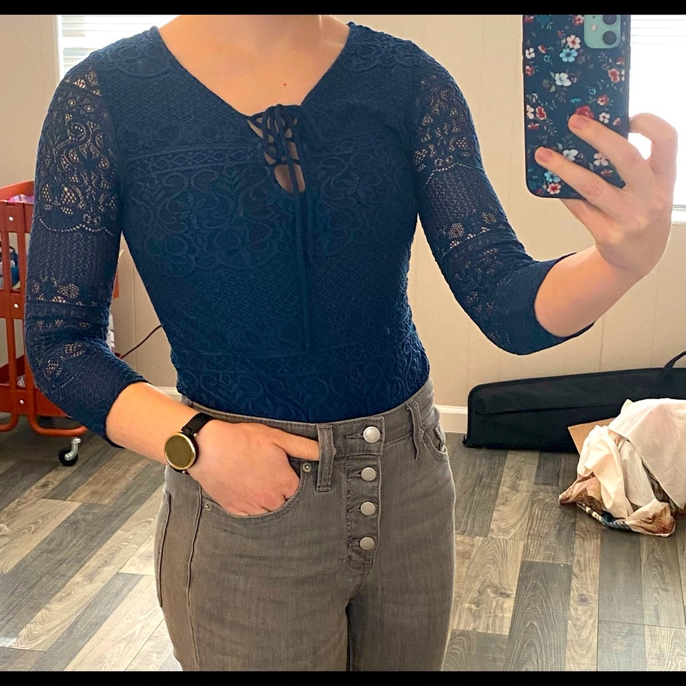3/4 sleeve turquoise lace bodysuit from Xhilaration, size S